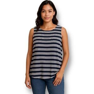 Talbots Petite L Knit Tank Top Navy White Stripe Sleeveless Keyhole Back Blouse